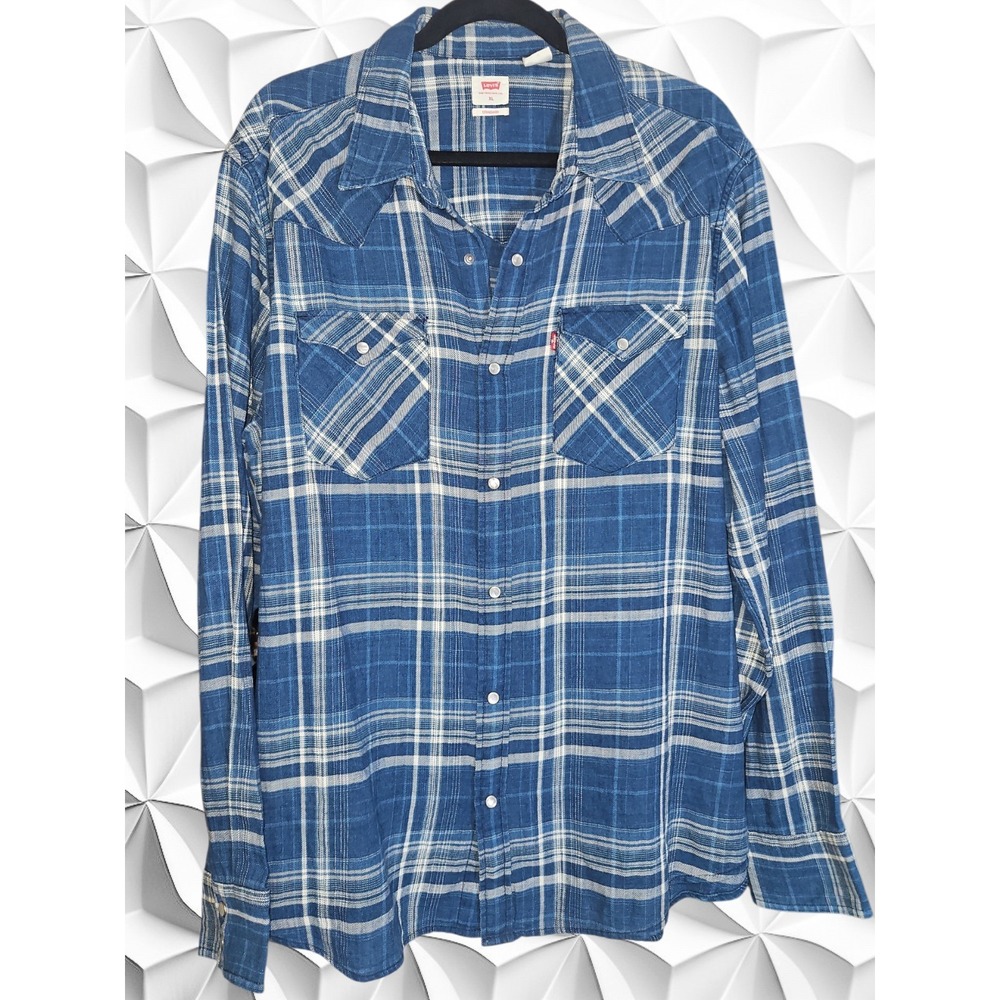 Levis Mens XL Blue Plaid Pearl Snap Western Shirt Long Sleeve Standard Fit
